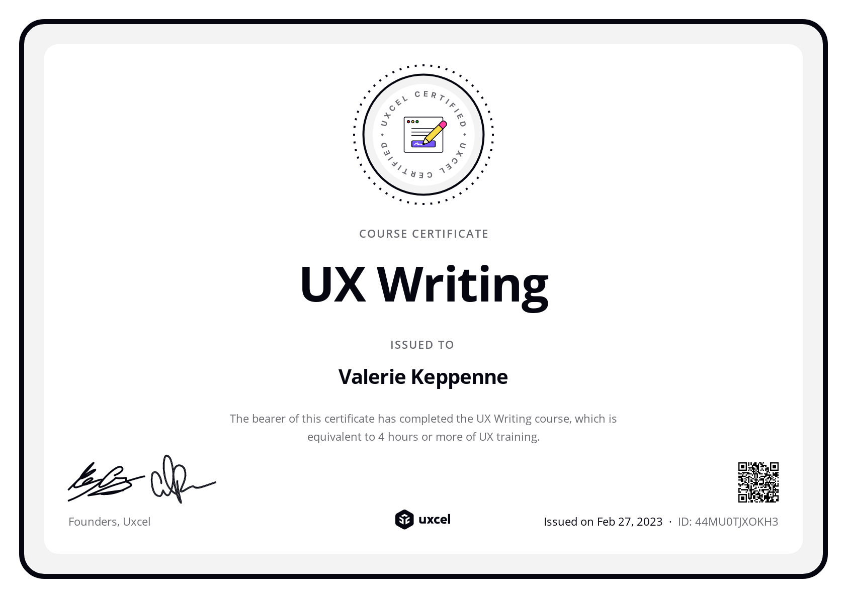 Valerie Keppenne's certificate